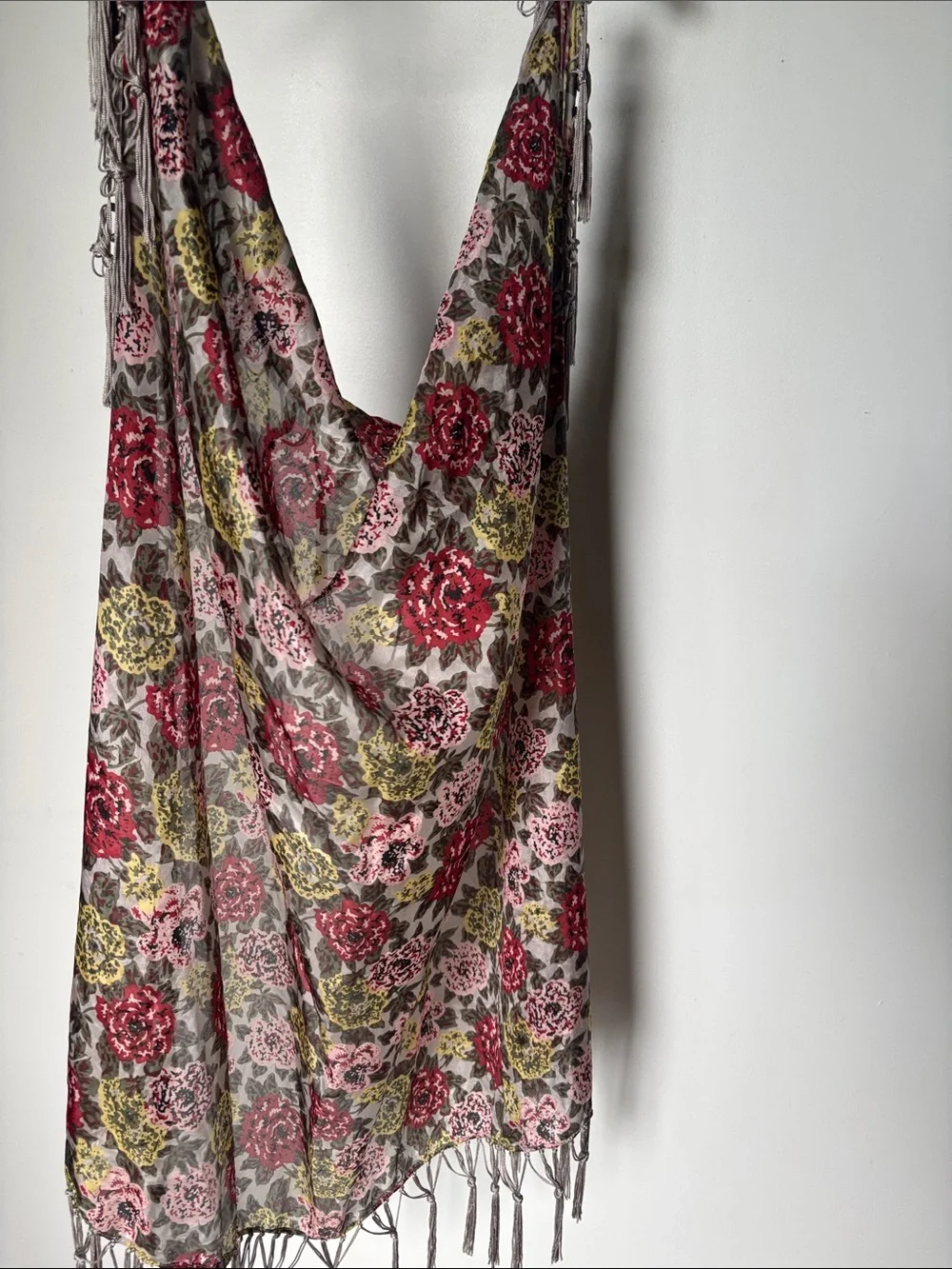 Vintage Silky Floral Fringe Rose Print Scarf with Gray Tassels